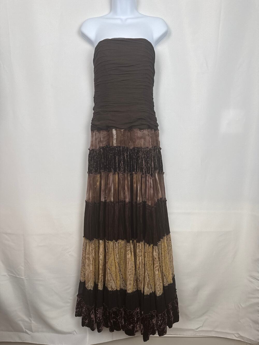BCBGMaxAzria Womens Strapless Silk Tiered Maxi Dress Size 6 Brown Boho Festival